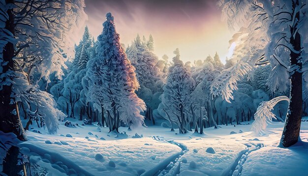 Winter snowy park frosty sunset 3d rendering