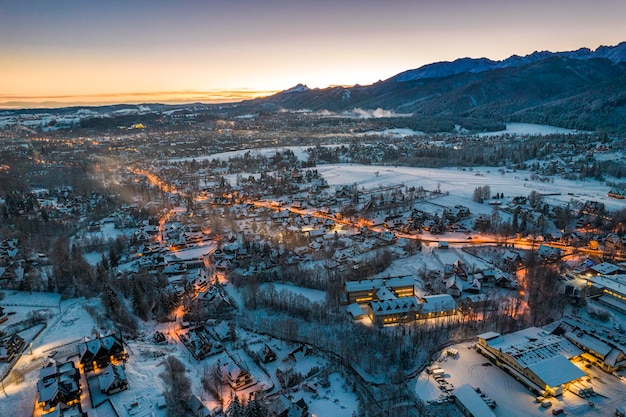 Winter Wonderland a Zakopane Polonia Drone View at Dusk