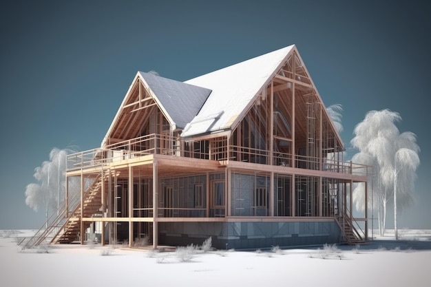 Winter Wonderland House con abbondanti finestre e dintorni innevati IA generativa