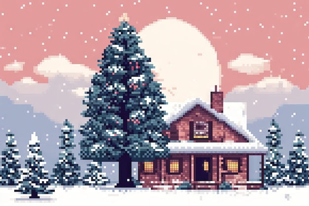 Winter Wonderland Pixel Art Illustrazione di un albero di Natale e una casa nella neve