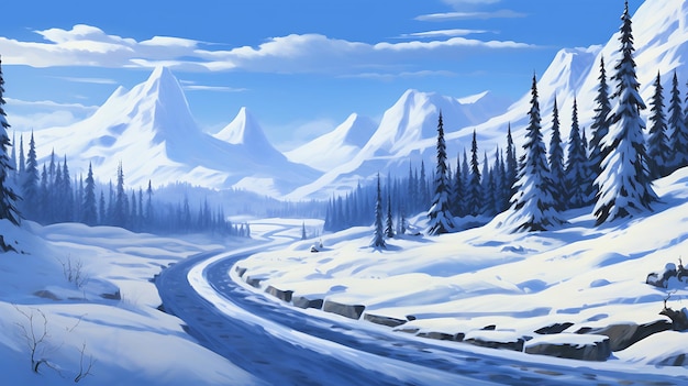 Winter Wonderland Snowy Mountain Road nella foresta incantata
