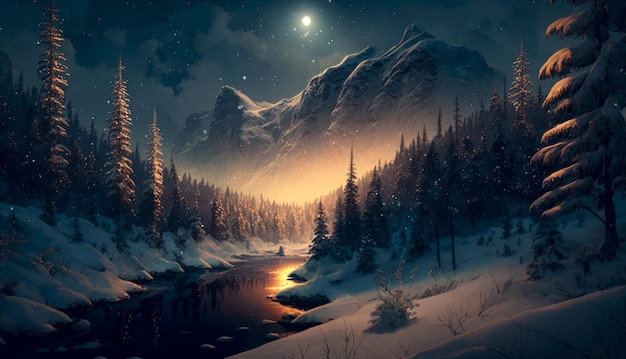 Winter Wonderland Un fiume in una foresta innevata IA generativa