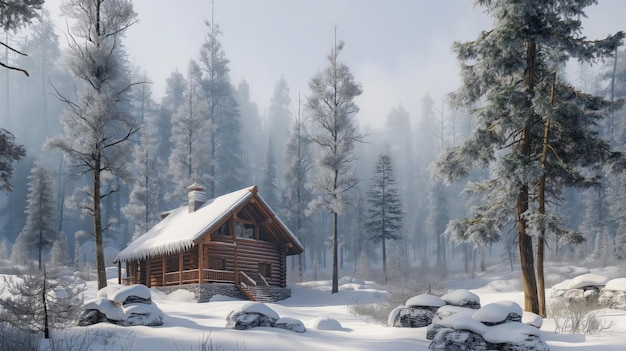 Winterland Wonderland Cottage coperta di neve annidata tra alti pini in una foresta serena