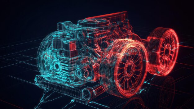 Wireframe Rendering of a Car Engine and Wheels with Glowing Lines