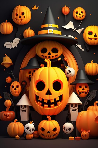 Witch Haunted House Pumpkins Bats Halloween Holiday Design Testa di zucca spaventosa Generative Ai