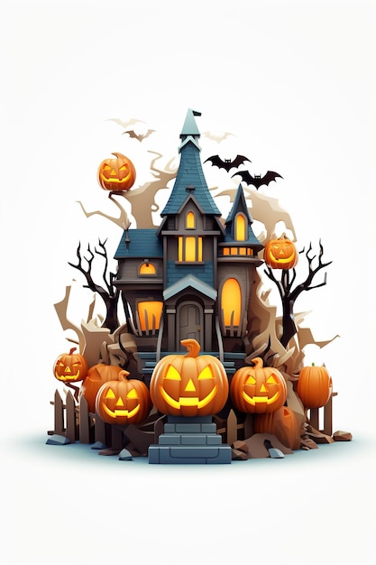 Witch Haunted House Pumpkins Bats Halloween Holiday Design Testa di zucca spaventosa Generative Ai