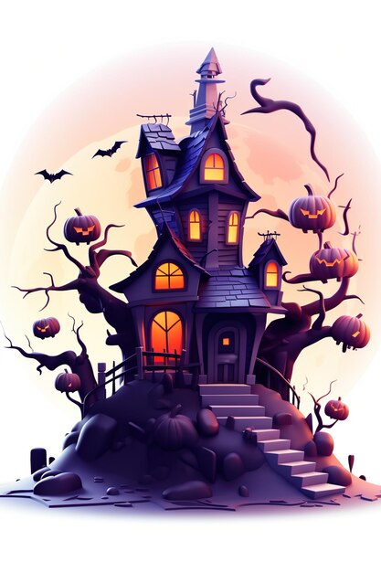 Witch Haunted House Pumpkins Bats Halloween Holiday Design Testa di zucca spaventosa Generative Ai