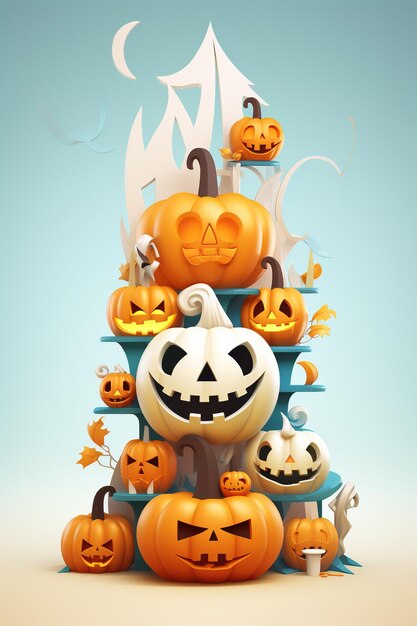 Witch Haunted House Pumpkins Bats Halloween Holiday Design Testa di zucca spaventosa Generative Ai