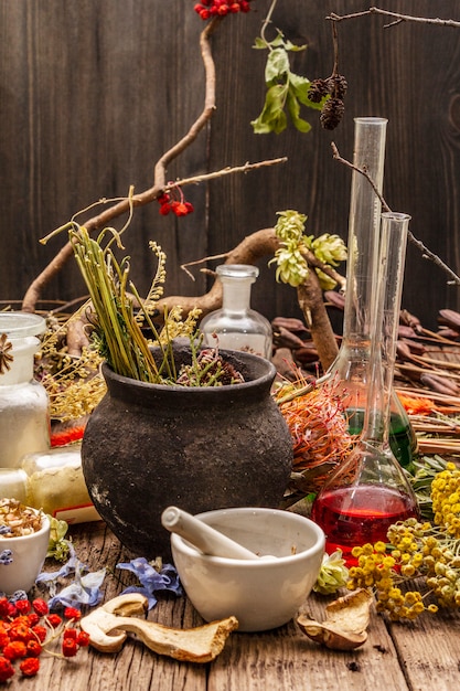 Witch's Laboratory. Attrezzatura alchemica, concetto di Halloween