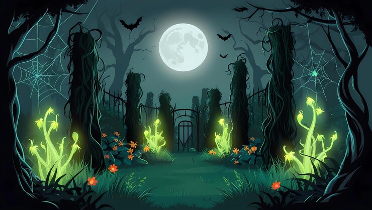 Witchs Moonlit Garden a scary graveyard with a full moon in the background