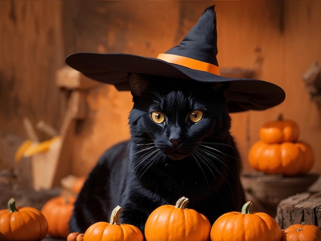 Witchy Black Cat con zucche arancioni