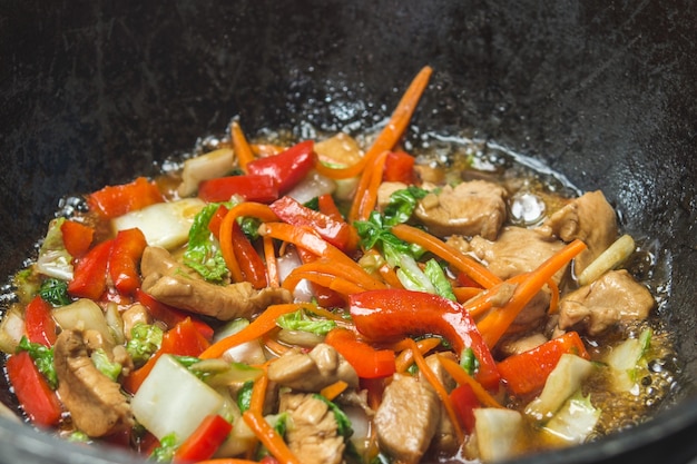 Wok cinese Tagliatelle asiatiche Udon con pollo e verdure