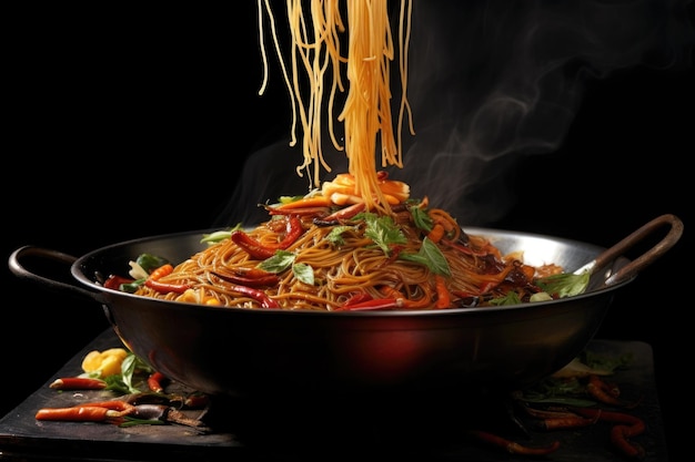 Wok con le bacchette che sollevano il primo piano delle tagliatelle