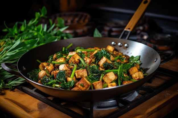 Wok con tofu fritto ed erbe fresche come contorno