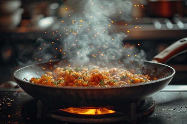 Wok con un cibo delizioso stanno cucinando per la cena generativa ai