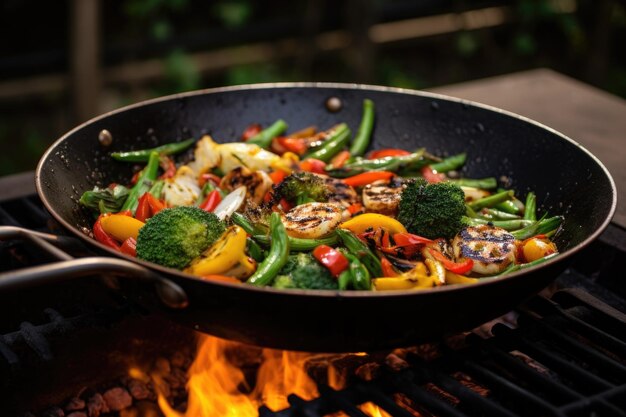 Wok su una griglia all'aperto con verdure alla fiamma
