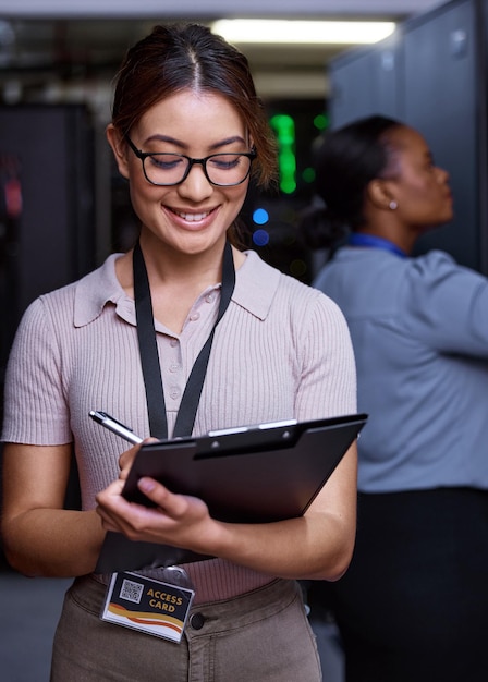woman computer and server room with tablet for security firewall and safety from cyber attack technician tech and data center with software for system update encryption and database management