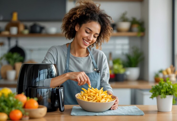Woman Cooking French Fries in Air Fryer