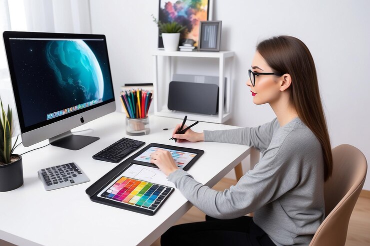 Photo woman freelance graphic designer at work in her home office chooses colors from palette