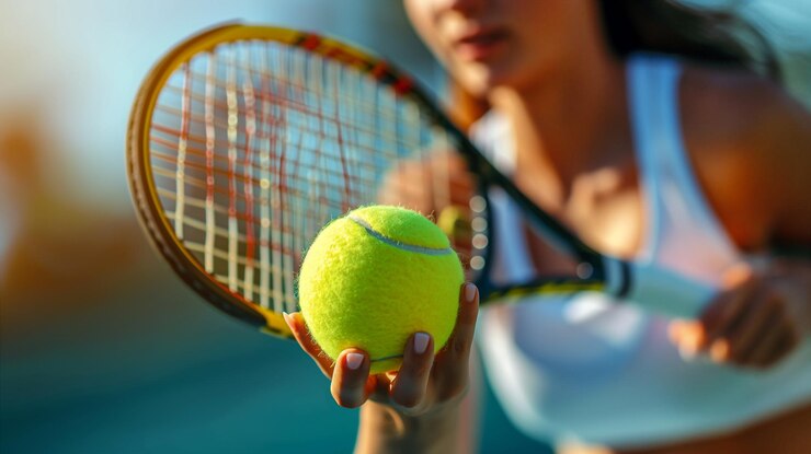 Woman Holding Tennis Ball on Court During Sunny Day Generative AI