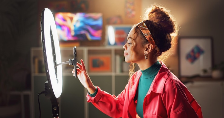 Photo woman influencer and phone with ring light for video recording vlogging or online tutorial at home young female person or vlogger setting up mobile smartphone for advice tips or content creation