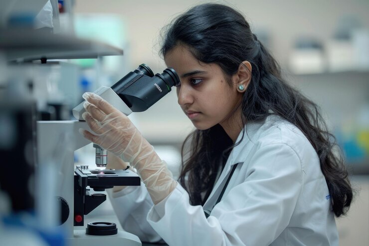 Woman innovates in medical research lab with microscope Indian engineer develops pharmaceuticals