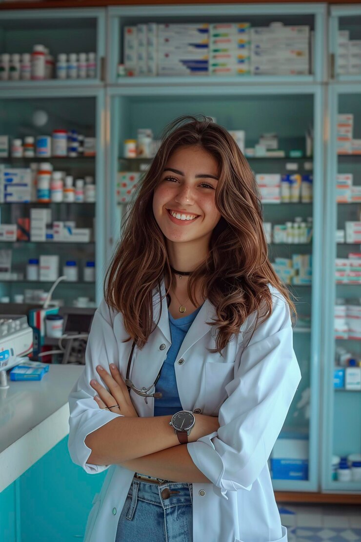 Woman Standing in Front of Pharmacy Counter