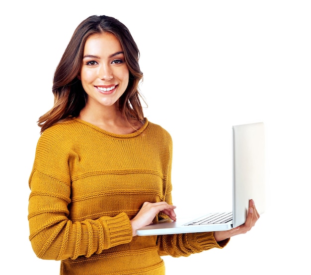 Woman studio portrait and laptop for software communication or coding by white background Isolated model mobile computer and smile for cybersecurity programming or email with web connection