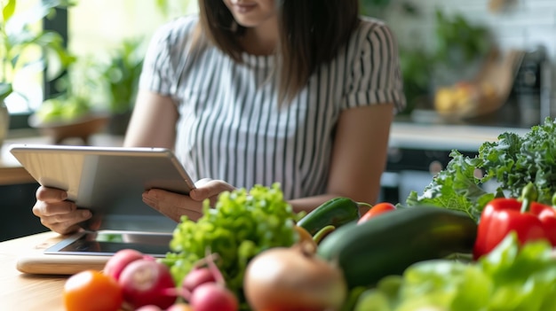 Woman using a tablet in a kitchen filled with fresh vegetables Concept of meal planning and healthy eating