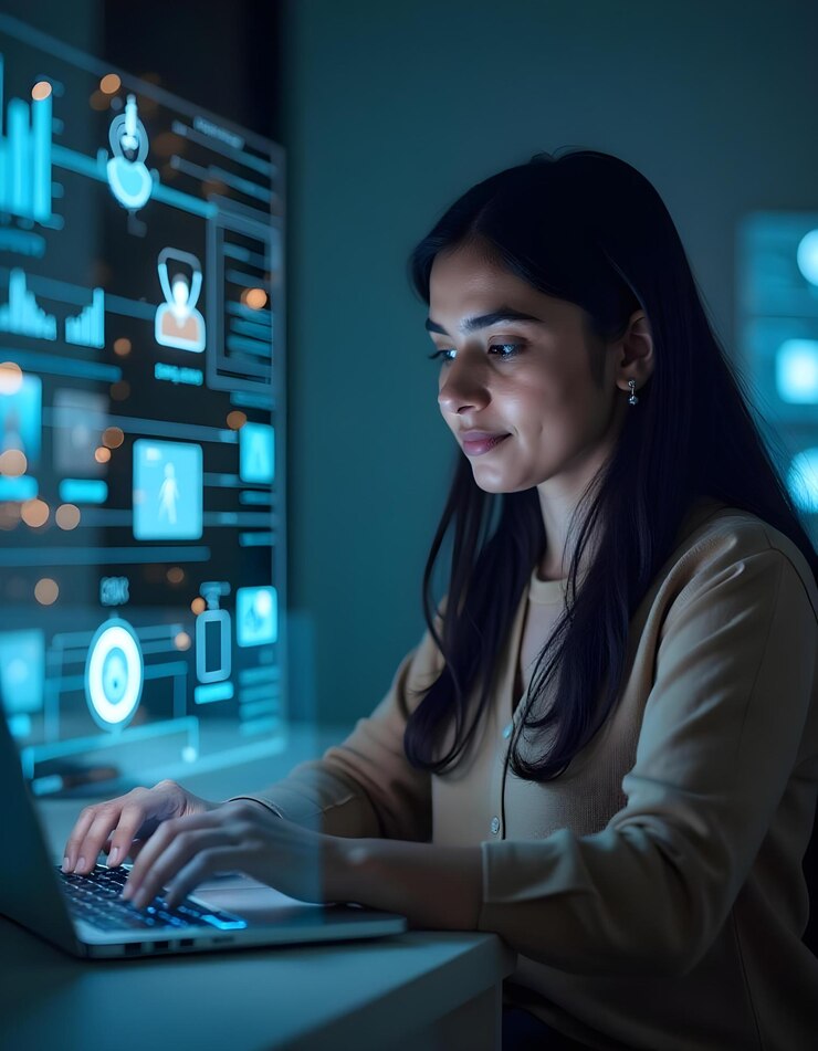 Woman Using Technology and Digital Interface