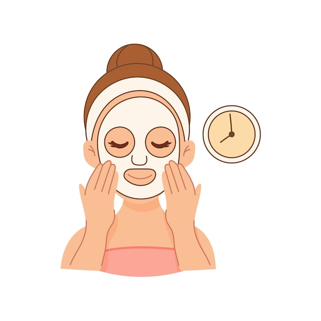 Woman wearing sheet mask during skincare routine with clock