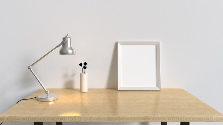 wood table in white room and blank frame silver lamp 3d rendering interiors