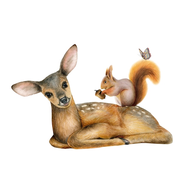 Woodland realistico carino bambino cervo scoiattolo farfalla acquerello vivaio poster Animali disegnati a mano