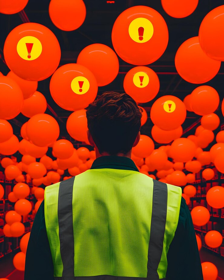 Photo worker in highvisibility vest surrounded by warning balloons