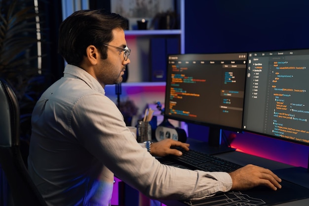 Working smart it developer analyzing data software development on pc surmise