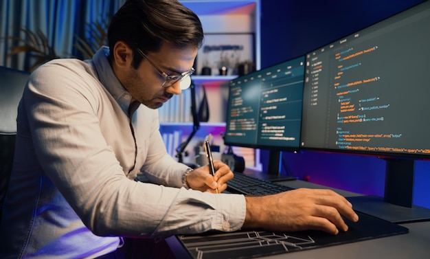 Working smart IT developer writing data software development on pc Surmise