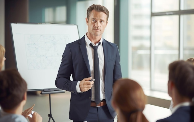 Workshop di leadership oratore maschio che conduce la presentazione di Flipchart