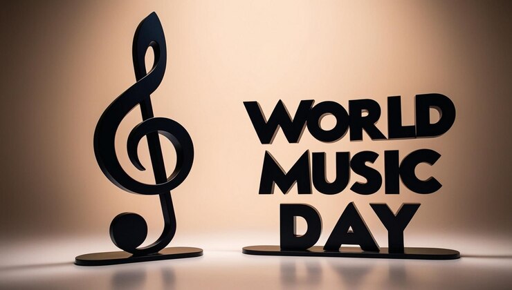 World music day 3d typography with 3d music sign on background