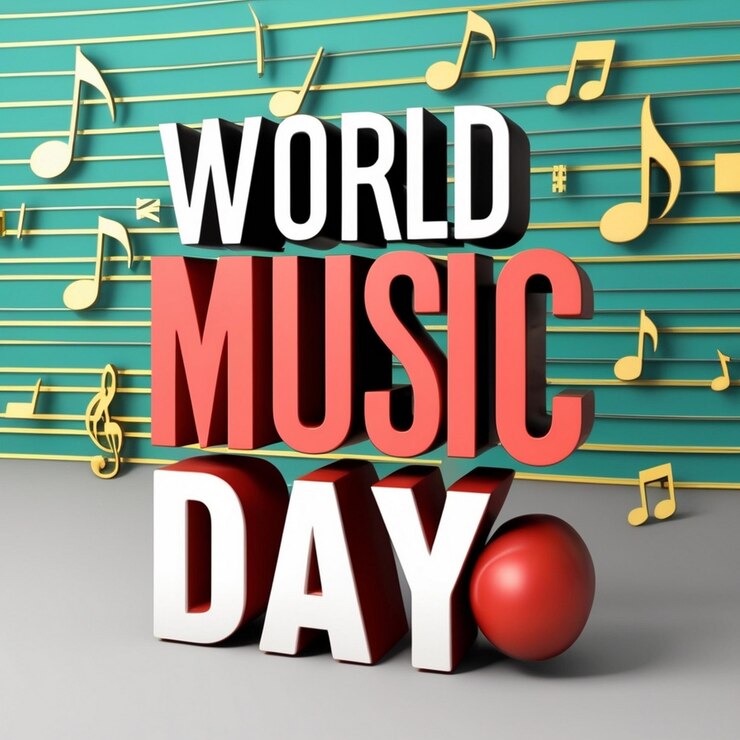 World music day 3d typography with 3d music sign on background
