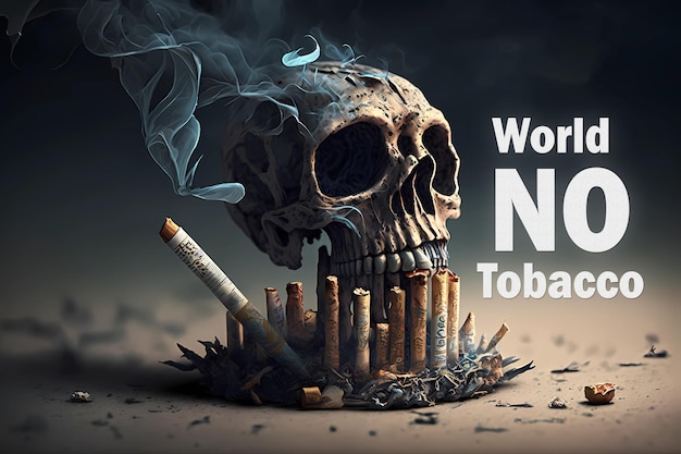 World No Tobacco Day banner design Sigarette e posacenere su uno sfondo scuro e cupo