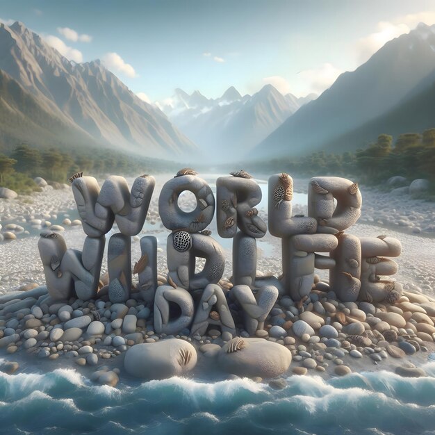 World Wildlife Typographic con AI generata da pietre e montagne