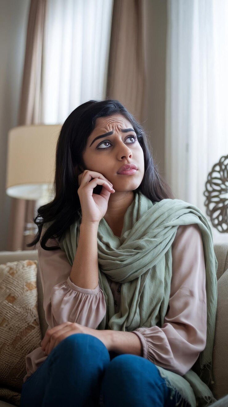 Worried young indian arabic woman sit on couch at home look in distance thinking pondering anxious