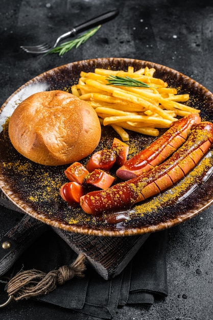 Wurst di salsiccia al curry tedesco servito con patatine fritte Sfondo scuro Vista dall'alto