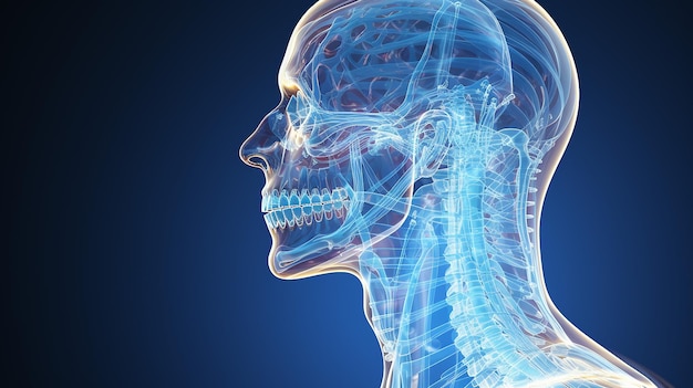 X-ray di un uomo e vista del cervello immagine 3D sullo sfondo del piano