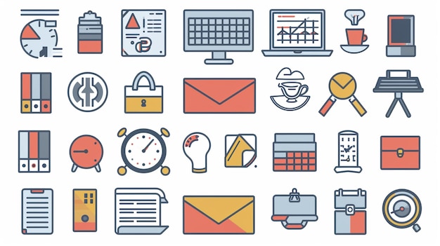 XAA collezione curata di Office e Business Vector Flat Line Icons Set che presenta una rappresentazione visivamente unificata ed esteticamente piacevole