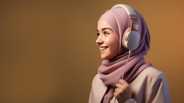 XAA giovane ragazza in hijab con le cuffie che ascolta un podcast sulla Fede e l'Islam e sorride