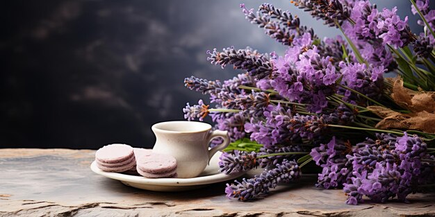 xAFresh delizioso tè con lavanda e fiori di lavanda su un tavolo di pietra grigia