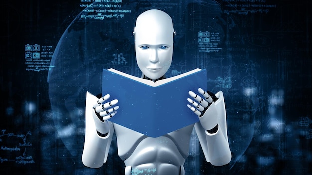 xai d rendering of robot hominoid reading book and solving math