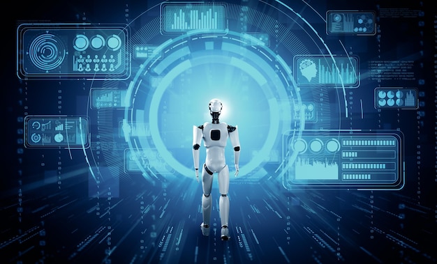 Xai d rendering robot umanoide che analizza big data usando il pensiero AI