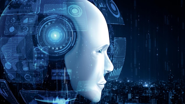 XAI Robot ominoide faccia da vicino con concetto grafico di cervello pensante AI